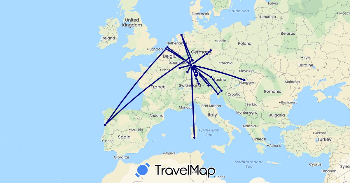 TravelMap itinerary: driving in Austria, Germany, France, Hungary, Italy, Netherlands, Portugal, Slovenia (Europe)